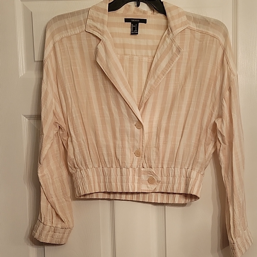 Beige Striped Button-Up Blouse